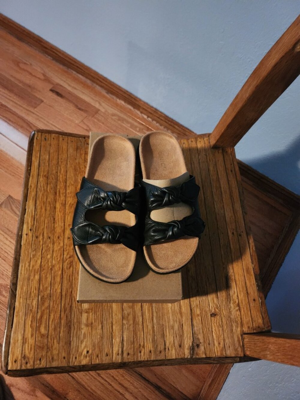 New Vionic Elara Black Leather Braided Slide Sandals